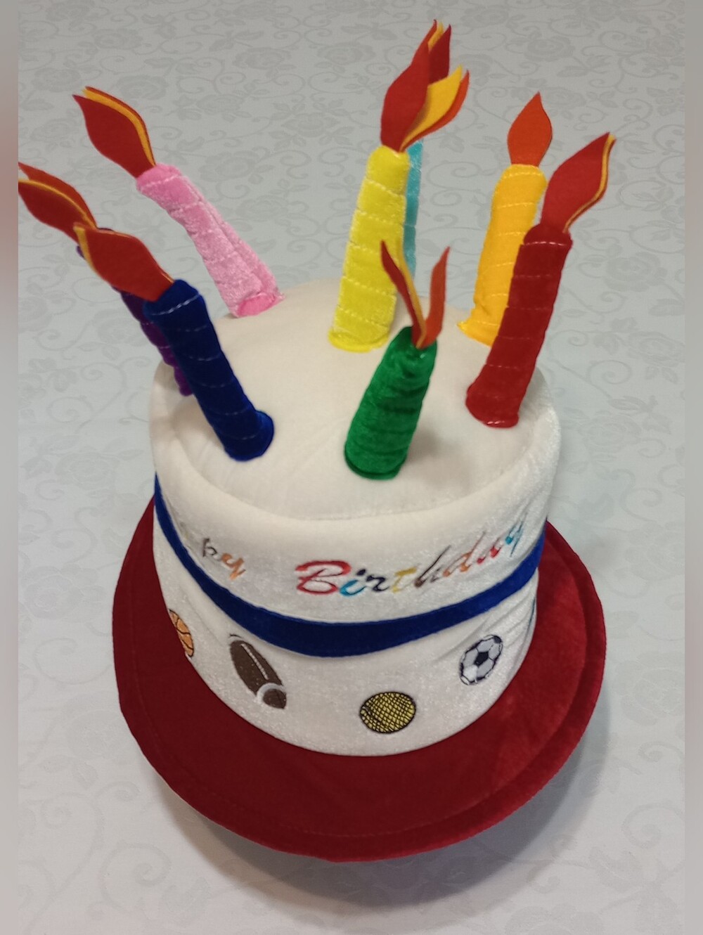 Plush Birthday Cake Party Hat with Colorful Candle Accents - Unbranded